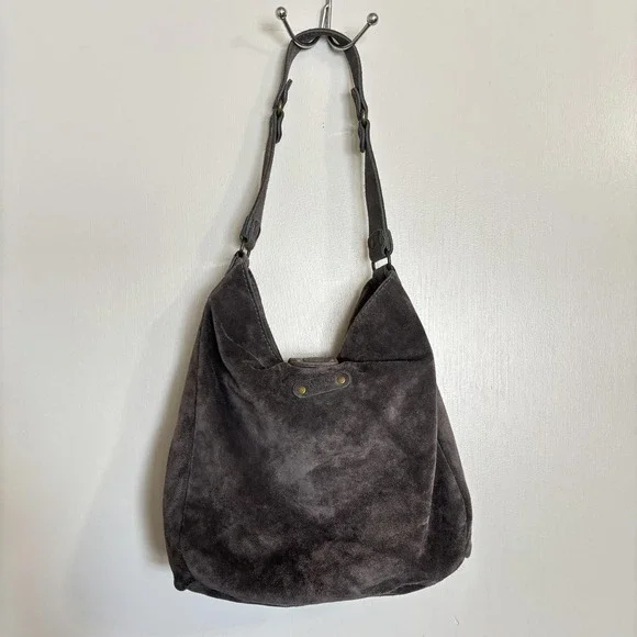 Y2K ABACO Paris Genuine Grey Suede Leather Shoulder Bag With Rivets 90's Hobo - Picture 7 of 9